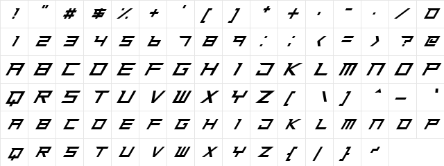 Ninja Rush Regular  glyph index