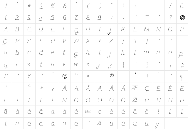 JavelinLight Roman  glyph index