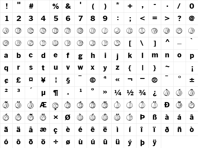 KAMarbleClear Regular  glyph index