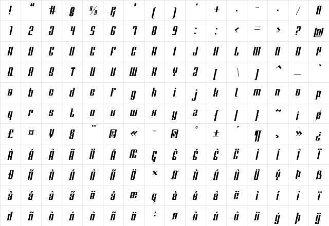 Greenleaf Italic Regular  glyph index