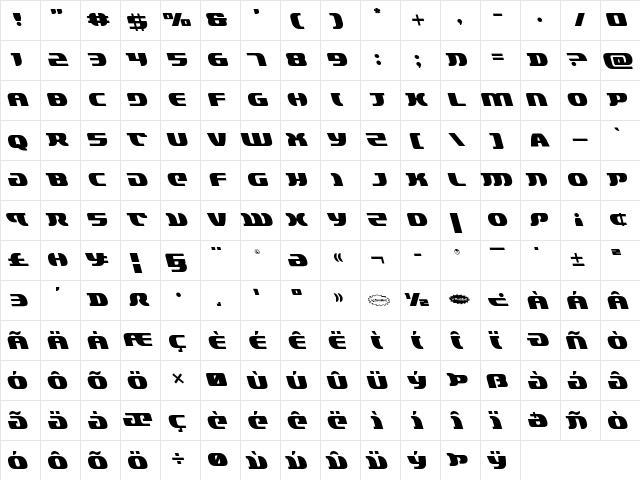 Lord of the Sith Leftalic Italic  glyph index