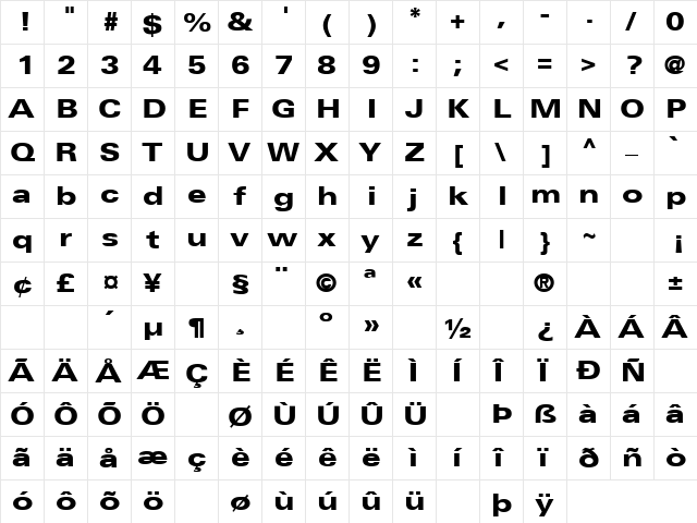 Black Dog 9 Regular  glyph index