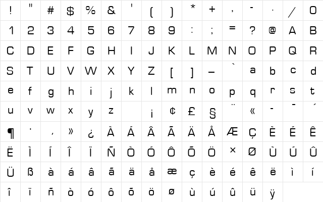 EurostileTRegRo1 Regular  glyph index