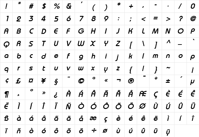 Bimini Bold Italic  glyph index