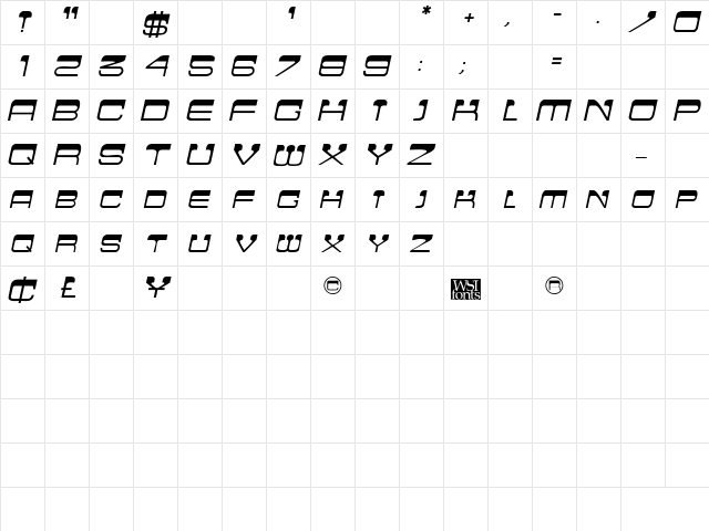 Crew Cut Caps Italic Italic  glyph index