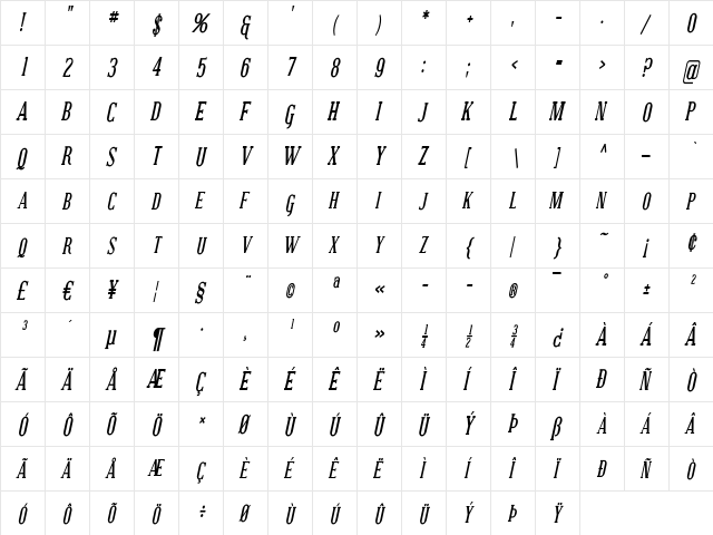 Covington SC Cond Bold Italic  glyph index