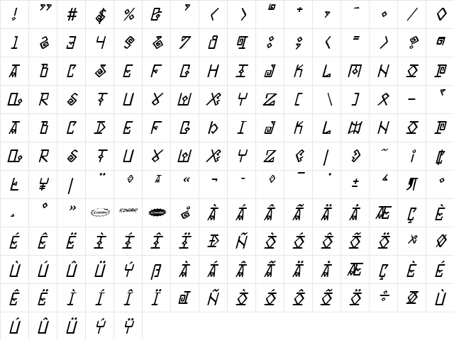 Elder Magic Italic Italic  glyph index