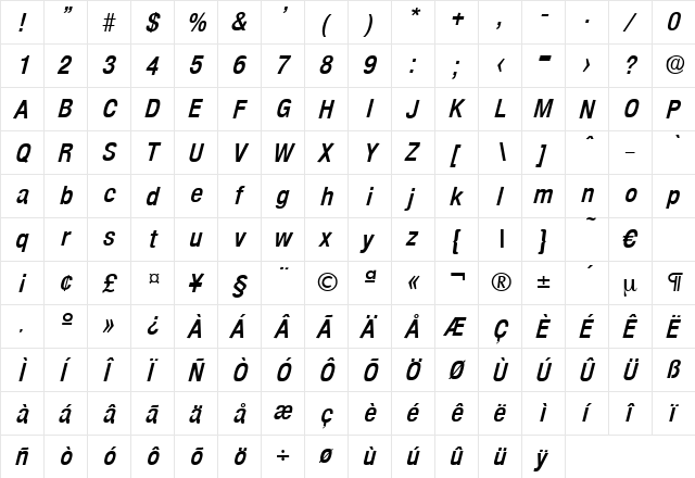 Olnova-DemiBoldCondIta Regular  glyph index