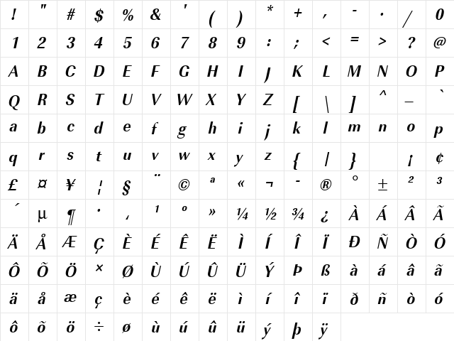 URWImperialTExtNar Bold Oblique  glyph index