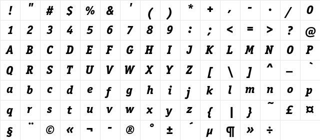 OfficinaSerifExtraBoldC Italic  glyph index
