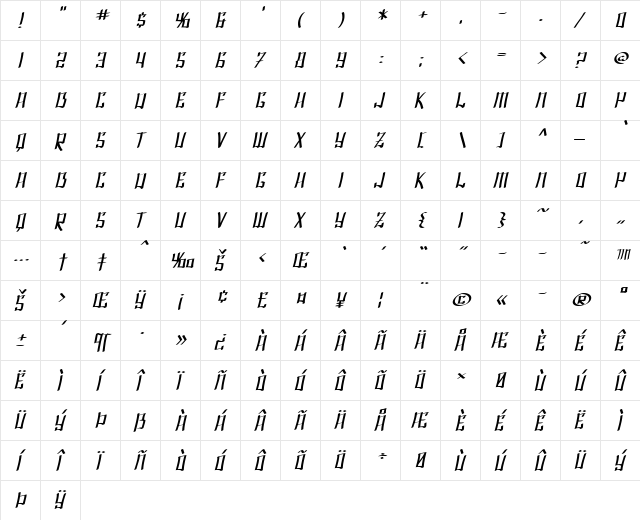 SF Shai Fontai Extended Oblique  glyph index