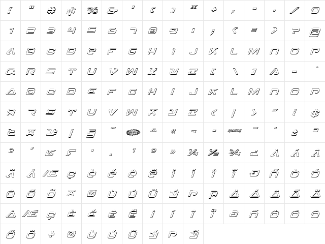4114 Blaster 3D Italic Italic  glyph index