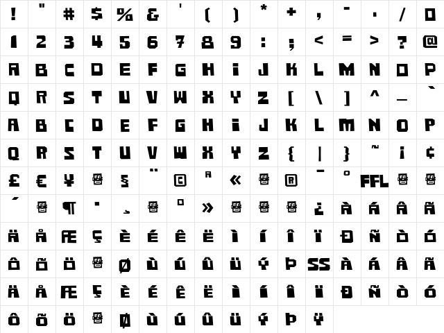 Buster Bold  glyph index