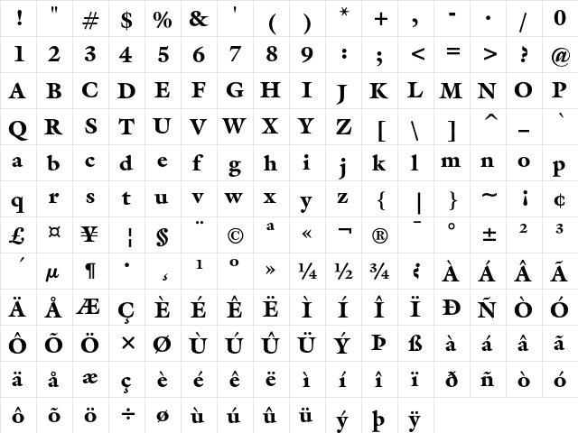 ITC Galliard Black  glyph index