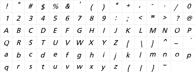 FrutigerObl-Nor Regular  glyph index