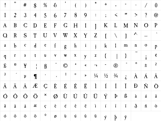 Caslon LT Std Antique  glyph index