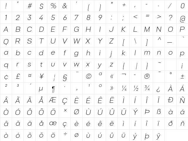 Goldbill XL Light Italic  glyph index