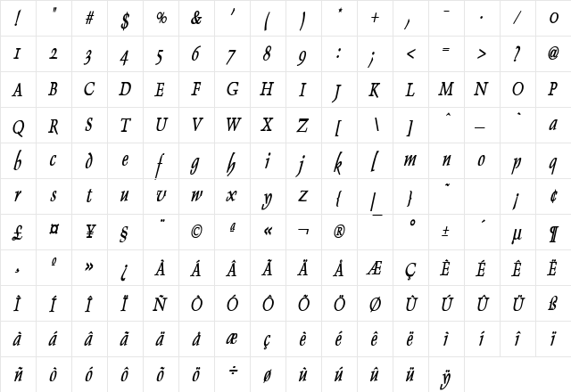 Dolphin Thin Bold Italic  glyph index
