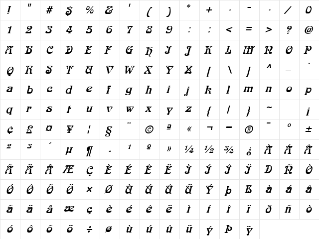Lalique Italic  glyph index