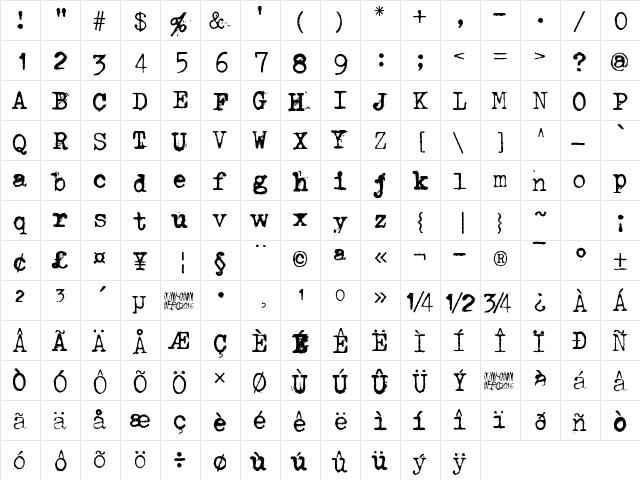 Through the night Regular  glyph index