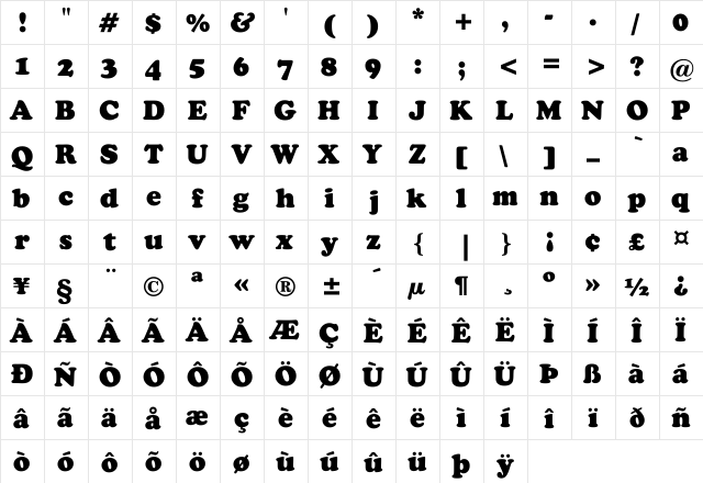 Fennimore-Black Regular  glyph index