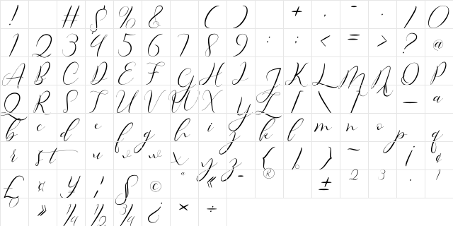 Misterlove Regular  glyph index