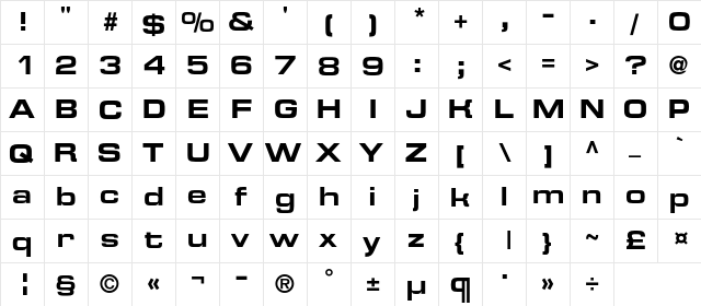 EurofontExtendedC Bold  glyph index