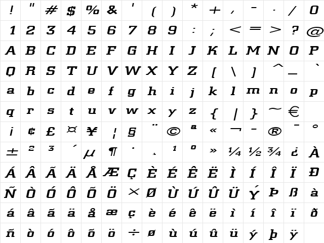 Geo957Extended Italic  glyph index