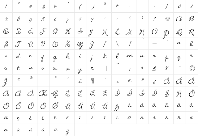 Manuscript Regular  glyph index