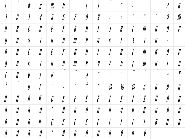Blue Cobra Expanded Italic Regular  glyph index