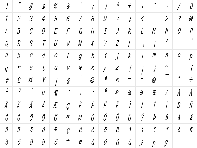 Lechter Condensed Bold Italic  glyph index