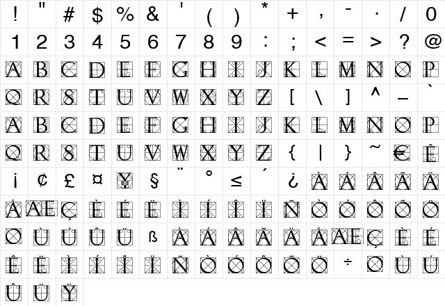 Quovadis Regular  glyph index