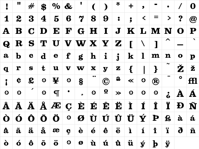 Belizio Regular  glyph index