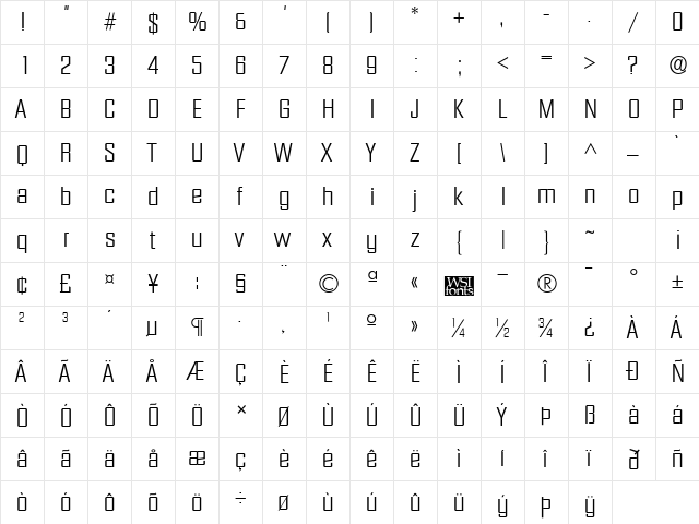 FacetLight Regular  glyph index