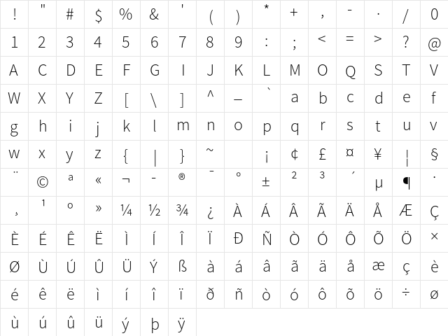 Source Sans Pro Light Regular  glyph index