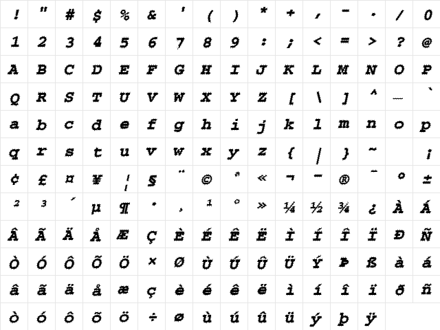 Chisel-Spiked Italic  glyph index