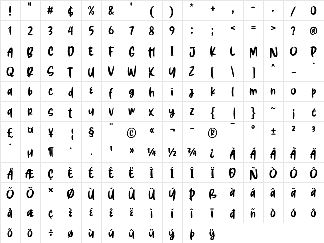 Brush Hours Regular  glyph index