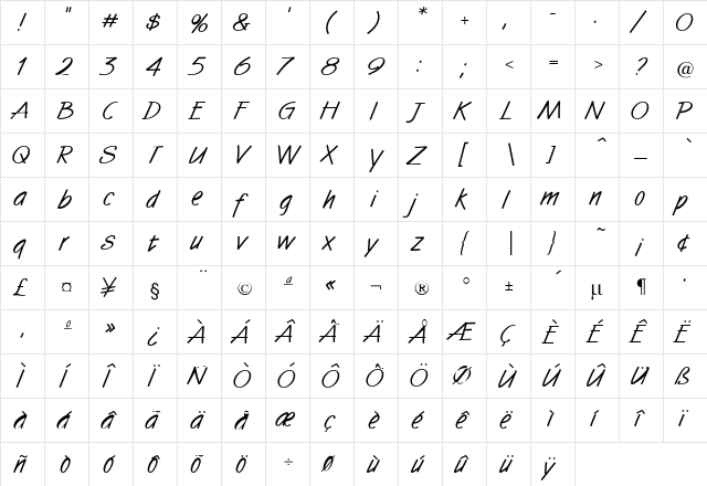 Tomboy Regular  glyph index