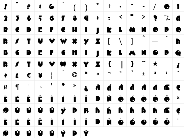 Arbuckle Regular  glyph index
