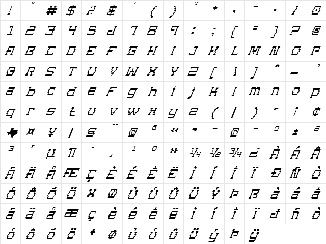Superago Italic Italic  glyph index