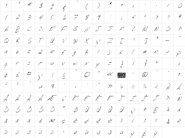 BarrysHand Italic  glyph index