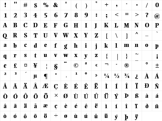 Ellington MT Extra Bold Regular  glyph index