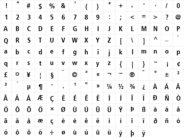 Frutiger67-Condensed Bold  glyph index