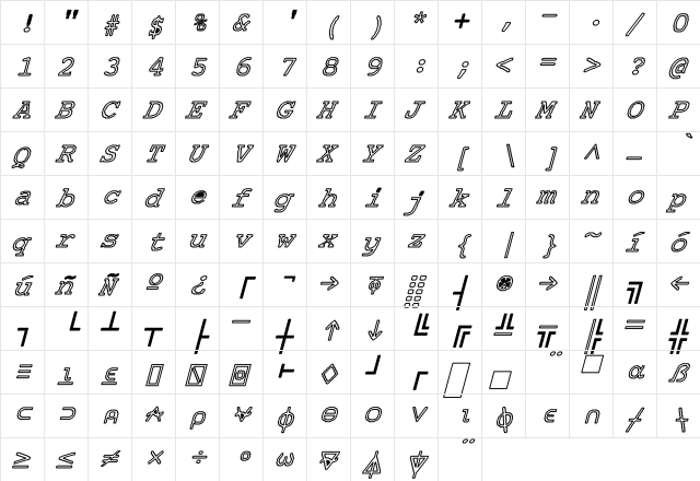 APL-Normal Hollow Expanded Bold Italic  glyph index