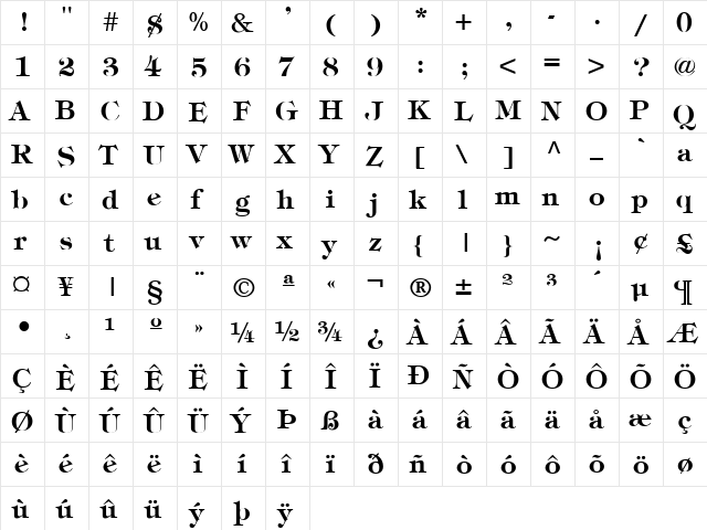 Timpani Bold  glyph index