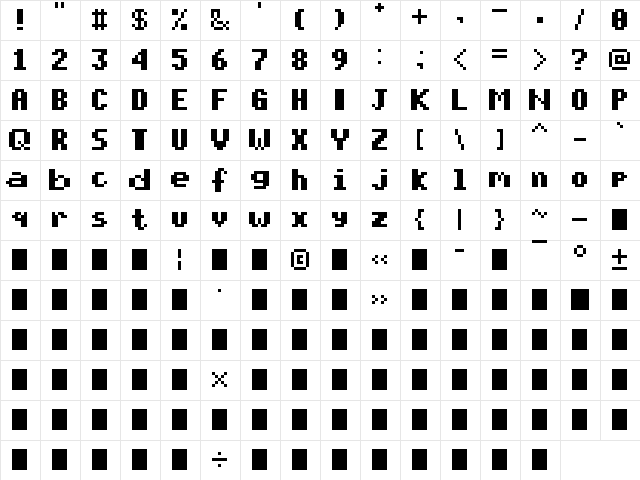 pixelmix bold Regular  glyph index