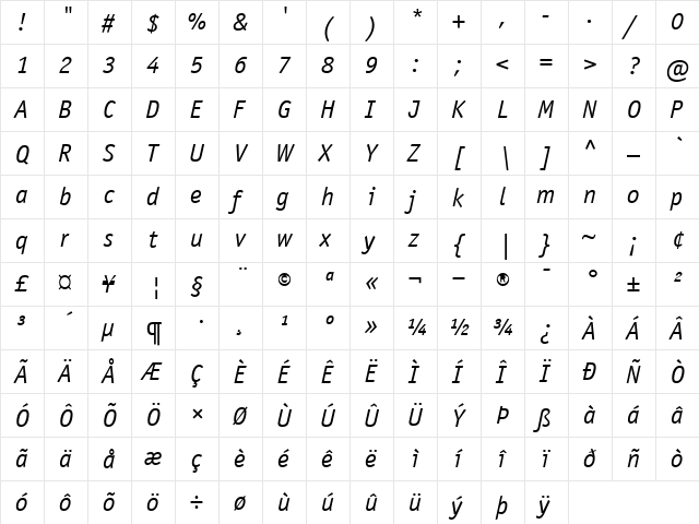 ITCOfficinaSans-Book BookItalic  glyph index