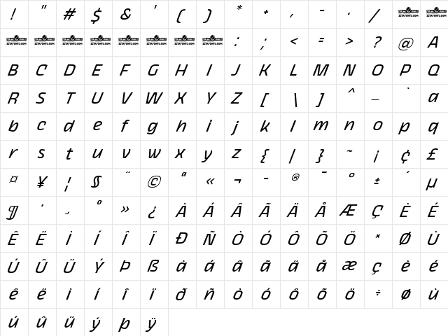 Thicker Trial Regular Italic  glyph index