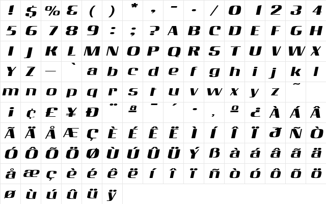 GalaxyExtended Oblique  glyph index