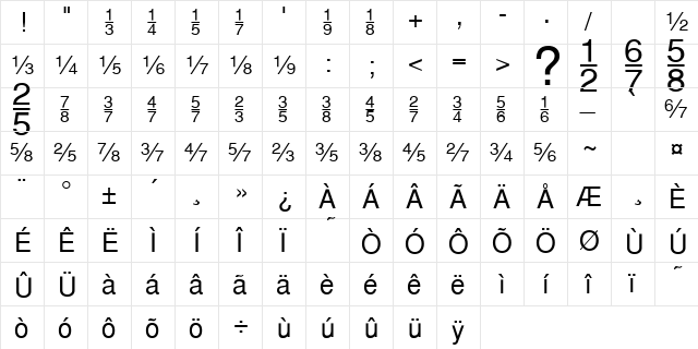 HeFractions Regular  glyph index